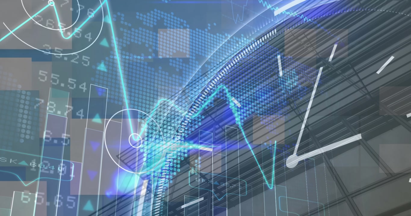 Animation of statistical, stock market data processing, world map, ticking clock over tall building