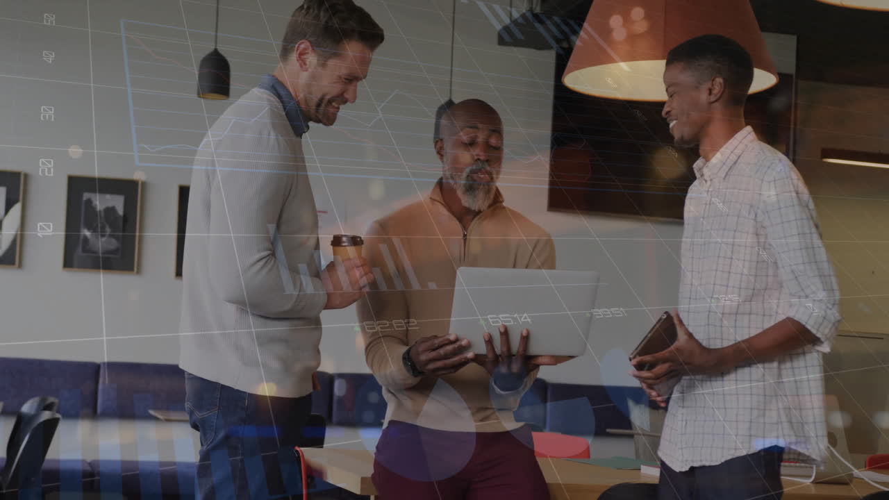 Animation of infographic interface over diverse male colleagues discussing over laptop in office