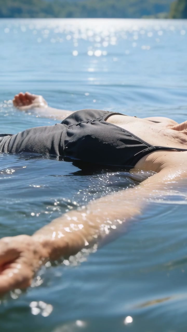Vertical video: Entering lake, floating woman in black one-piece drifting, sun glinting on treeline