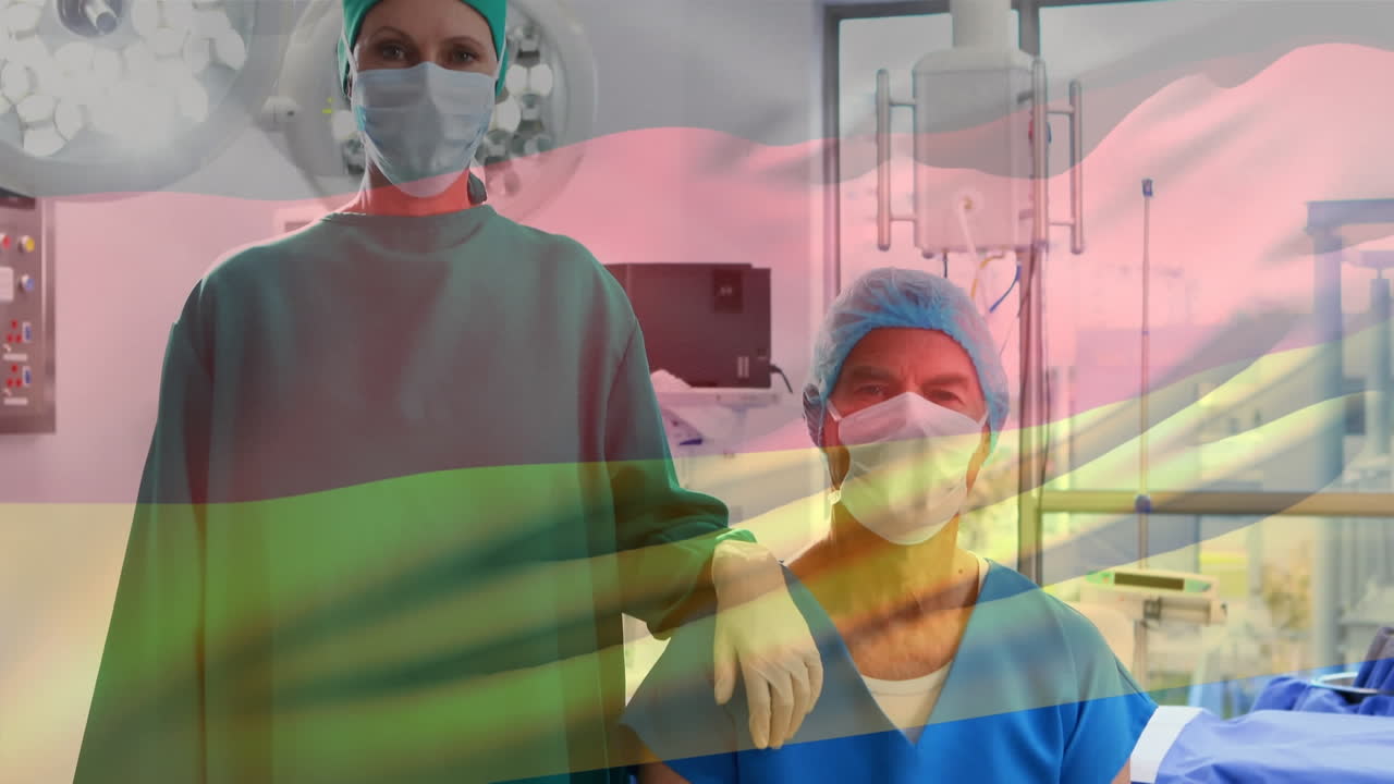 animación de la bandera de alemania ondeando sobre cirujanos con máscaras faciales