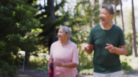 Happy-diverse-senior-couple-running-and-holding-water-bottle-in-sunny-outdoors