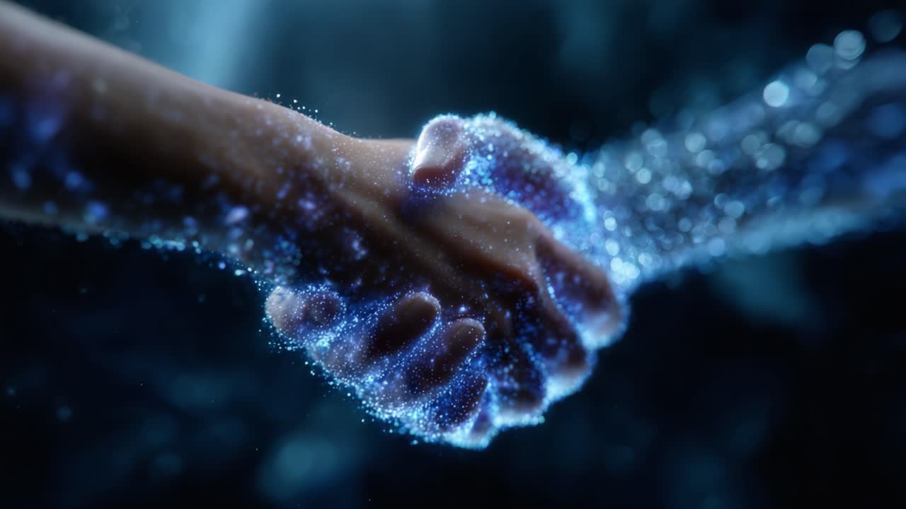 A digital handshake representing the fusion of technology and humanity, showcasing interconnectedness through a shimmering, glowing spark of innovation and collaboration