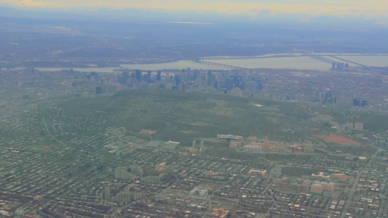 Overcast Montreal downtown with Mont-Royal birdseye view