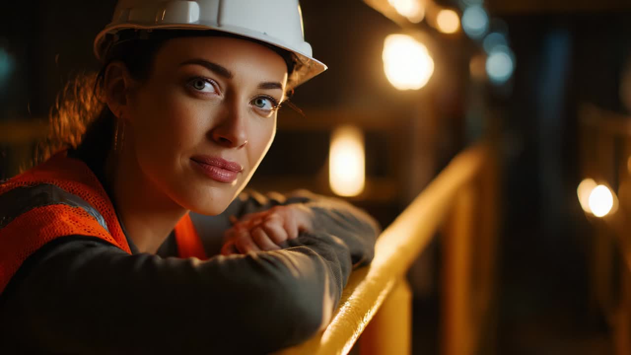 A focused and determined construction worker gazes confidently at the camera, showcasing her professionalism and poise in a well-lit industrial environment, wearing a safety helmet and vest