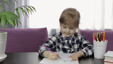 Cute-child-girl-studying-drawing-picture-with-pencil-at-home.-Distance-education