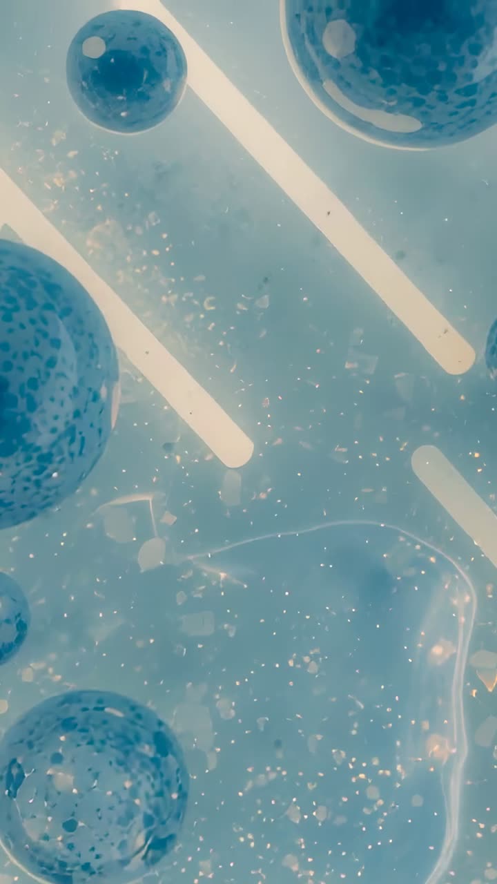 Vertical video: Drifting speckled beads and bubble shifting right in gel, driven by micro currents