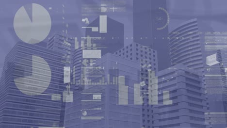 Animation-of-infographic-interface-moving-over-low-angle-view-of-modern-skyscrapers-in-city