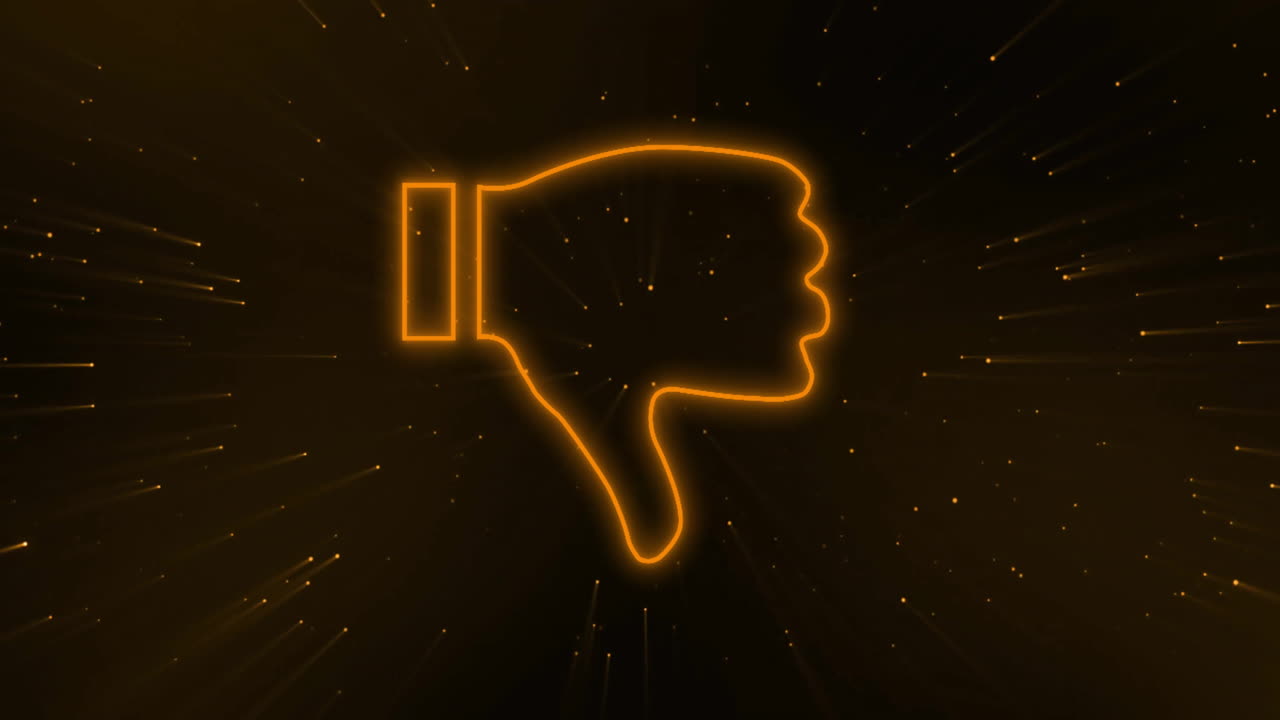 소셜 미디어의 애니메이션 어두운 배경 위에 반이는 불빛 위에 엄지손가락 아래 아이콘