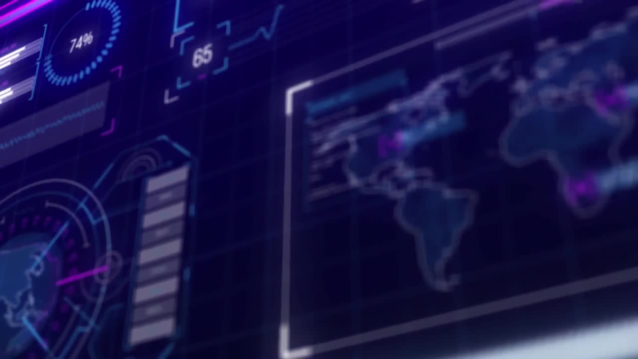 animación de las estadísticas y el procesamiento de datos en pantallas sobre fondo púrpura.