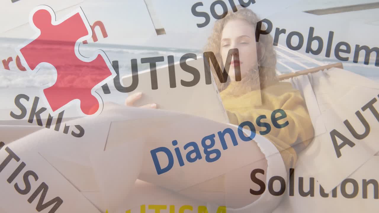 태블릿을 사용하는 백인 여성에 대한 퍼즐과 자폐성 텍스트의 애니메이션