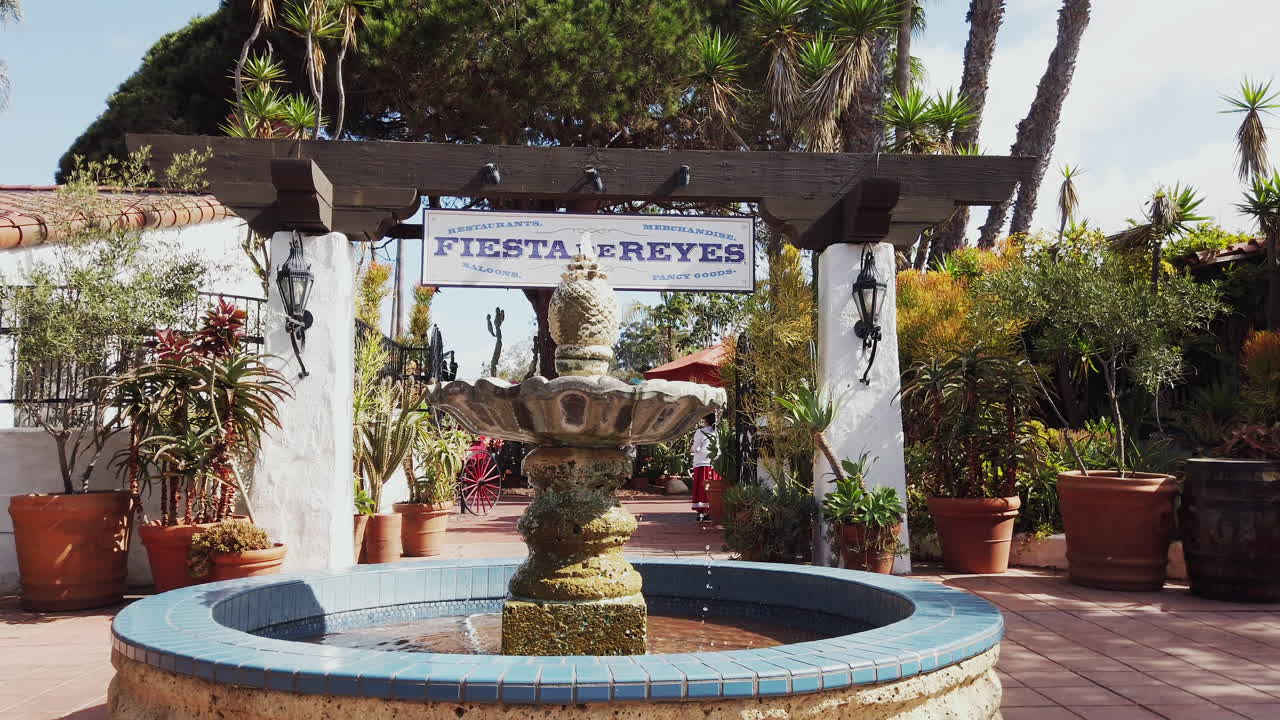 San Diego, California - September 26, 2021: Bright shots of Old Town San Diego's Fiesta de Reyes and Barra Barra Saloon, decorated with cacti, fountains, and festive details