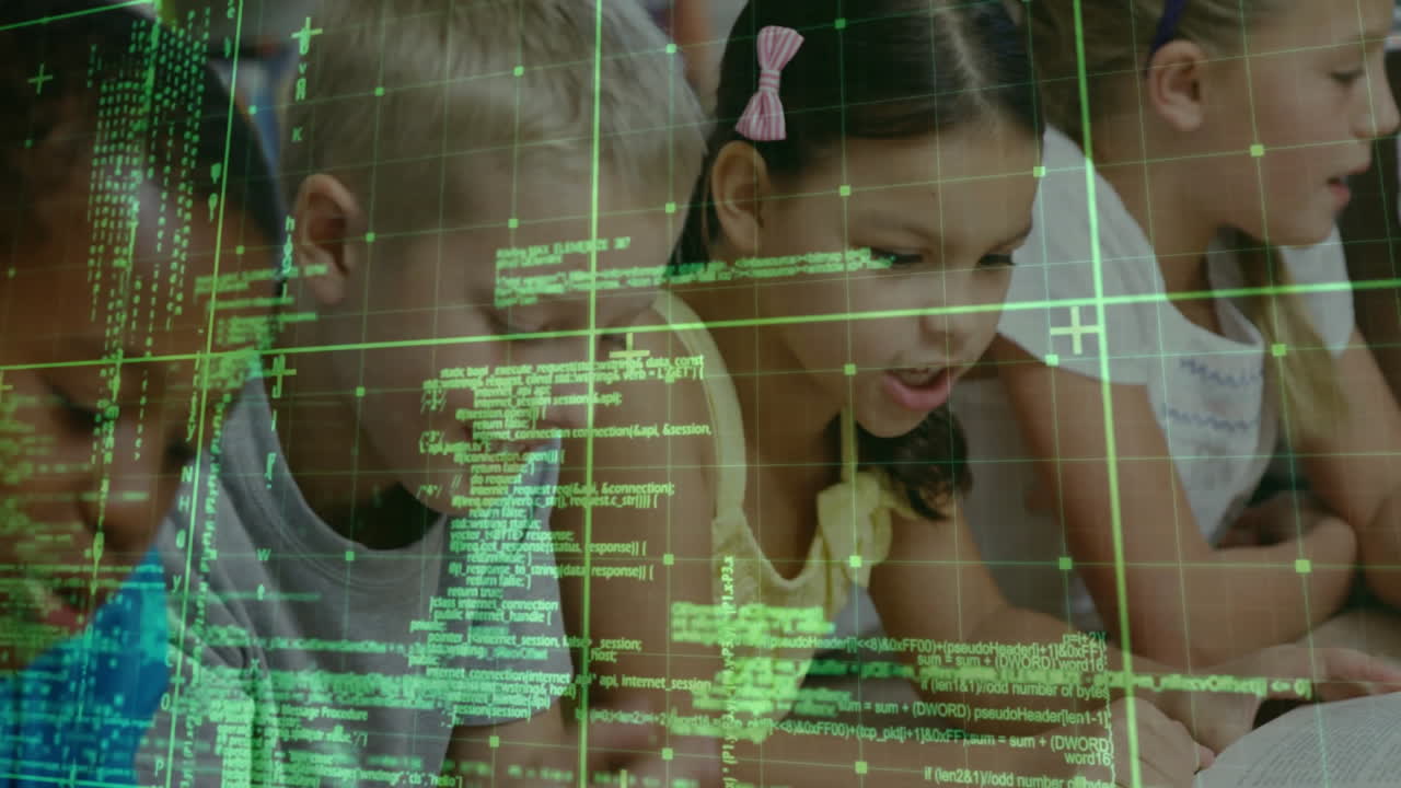 Children leaning forward, exploring green code grid overlay, collaborating in technology education
