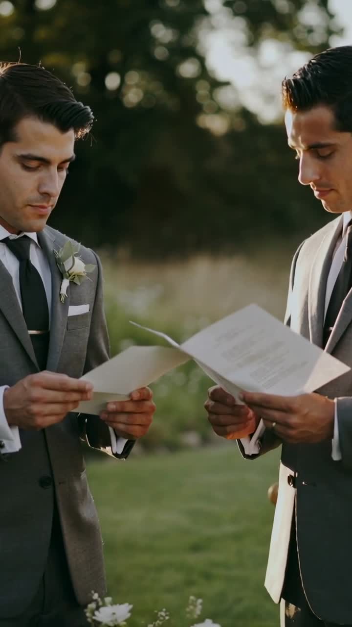 Vertical video: Two men standing on lawn, lifting printed sheets and reading vows for wedding