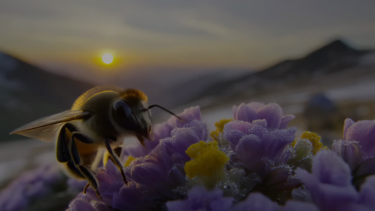 A bee collecting pollen from flowers at sunrise