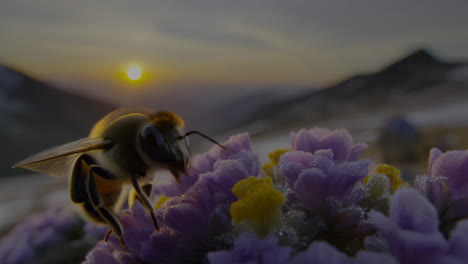 a bee collecting pollen from flowers at sunrise
