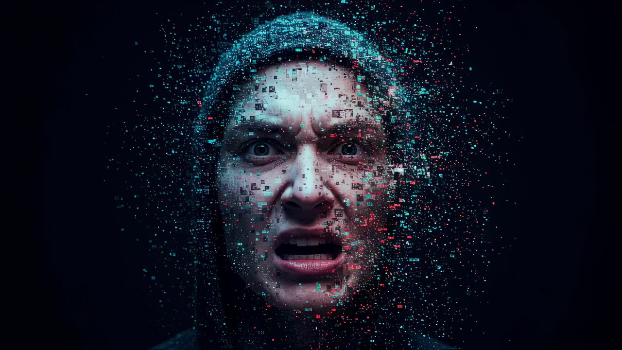 Intense portrayal of digital transformation with a face filled with anger and fragmented pixels in a dark environment