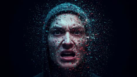 Intense portrayal of digital transformation with a face filled with anger and fragmented pixels in a dark environment