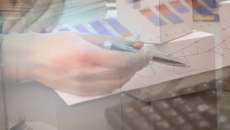 Animation-of-woman-checking-data-and-statistics-with-stacks-of-boxes-in-background