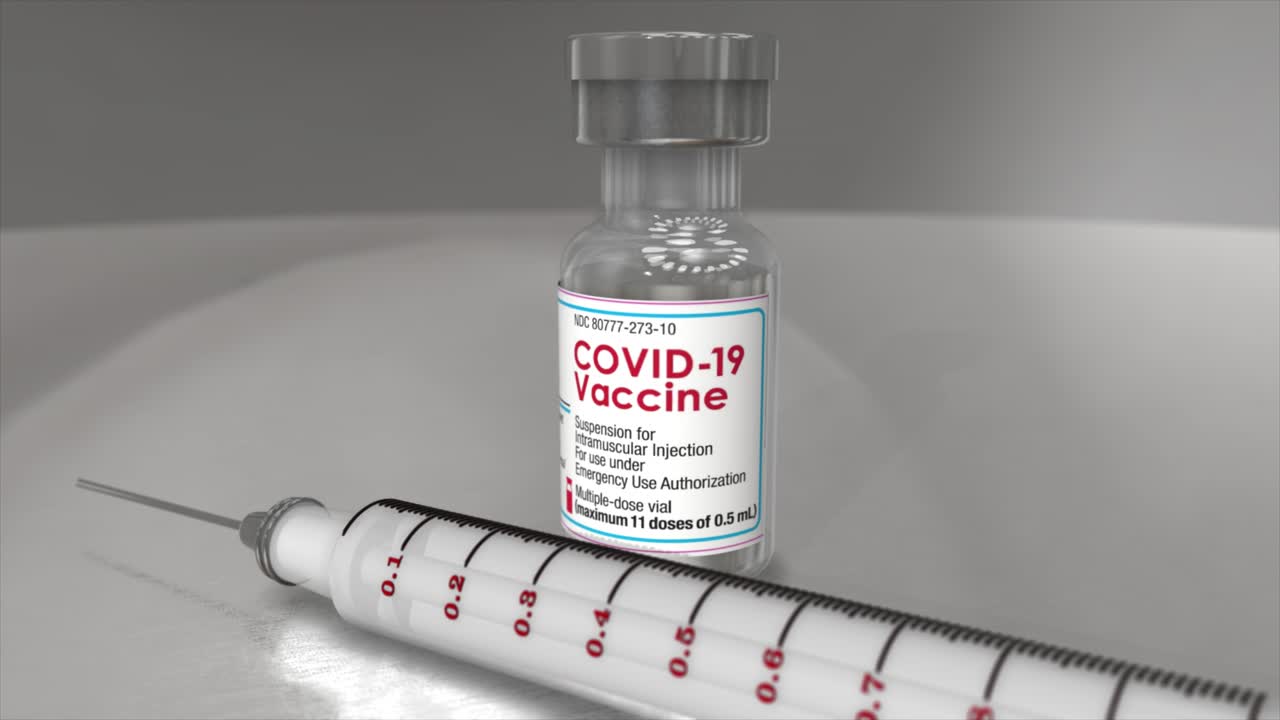 High quality, photo-realistic CGI render from a higher angle, of a single syringe on a reflective countertop, with a small glass vial ofCOVID-19 vaccine, rendered with beautiful depth of field