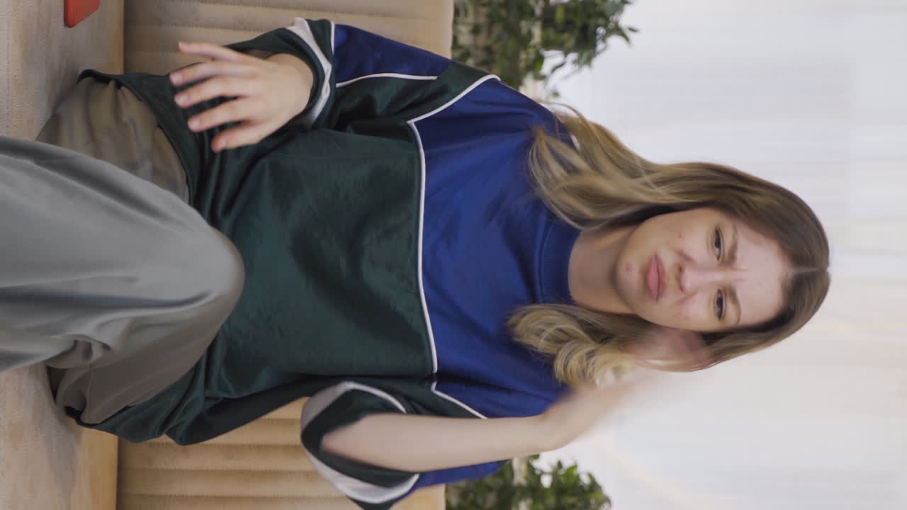 el video vertical de la joven que huele mal olor está perturbado y disgustado.