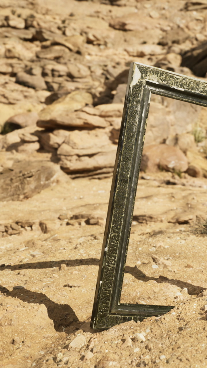 Desert landscape framed by an antique picture frame resting on the ground