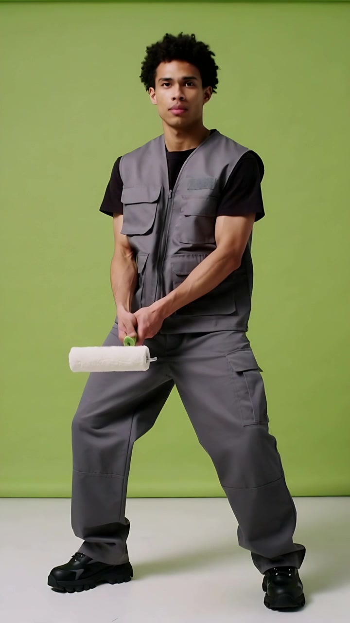 Vertical video: Entering studio, man holding paint roller and preparing to paint in grey vest