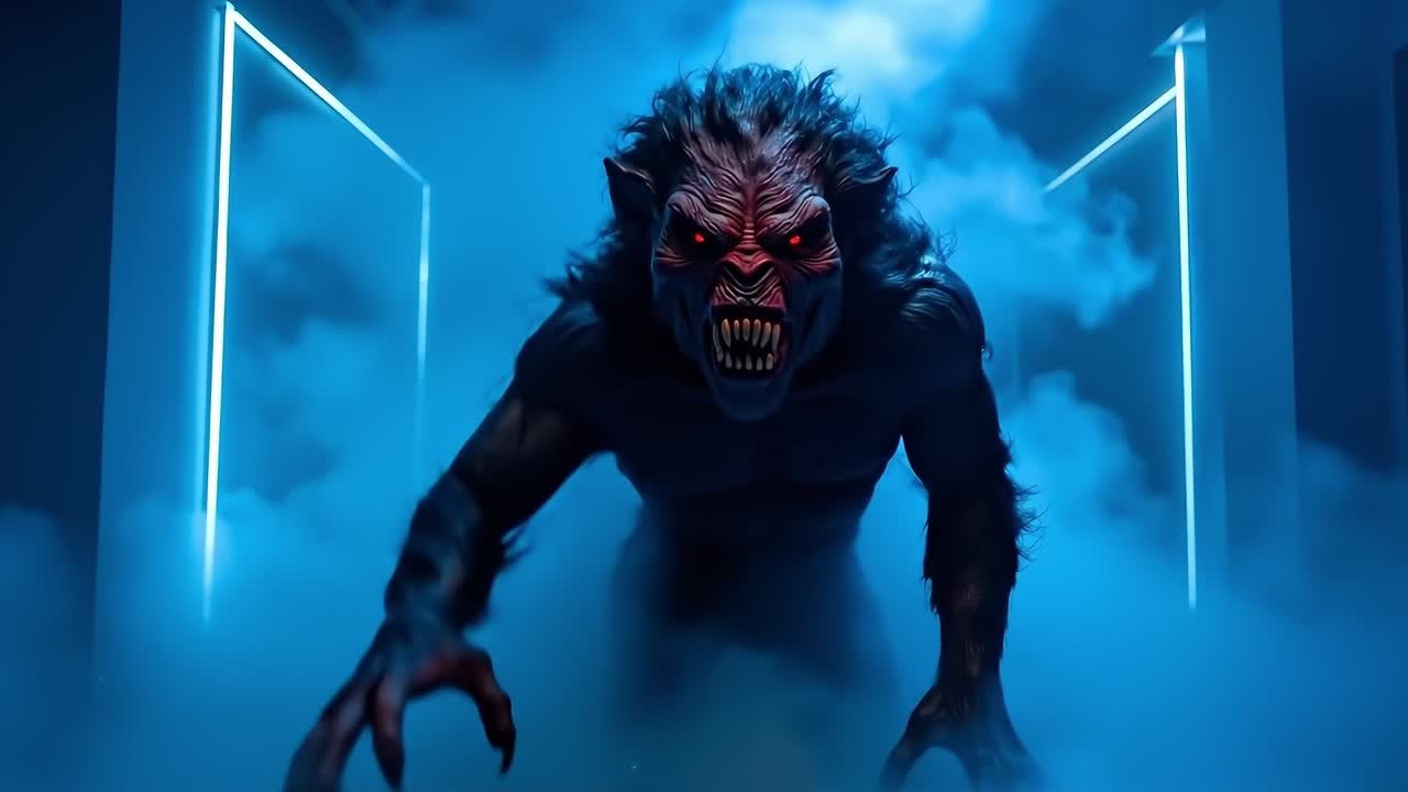 A werewolf standing in a dark room with blue lights