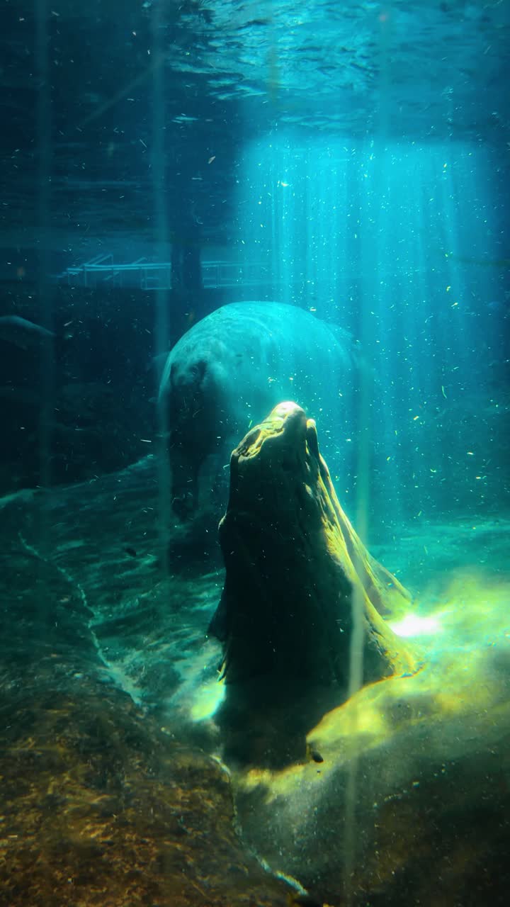 Hippopotamus swimming near wooden log in deep blue water. Hippopotamus swimming next to vertical underwater log in deep blue illuminated water