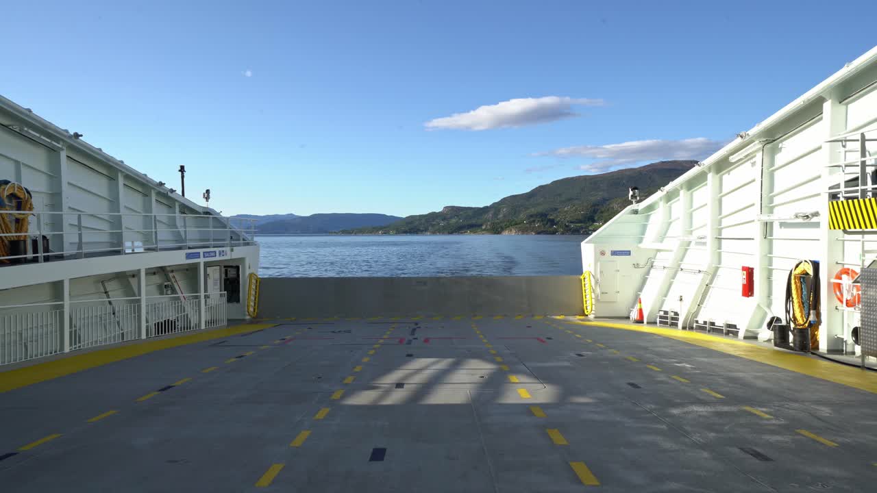 Stern view from car deck onboard car and passenger ferry Mf Hydra - Worlds first liquid hydrogen powered ferry - Zero emission technology Norway