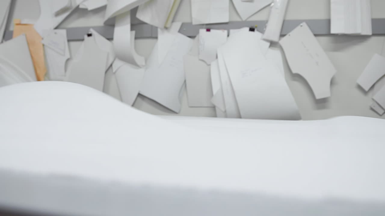 의류 디자이너는 스튜디오 테이블에서 측정으로 작업하고 있습니다. 4k uhd로 촬영되었습니다. 클로즈업은  ⁇ 색 천의 스케인을  ⁇ 색으로 배포하고 느린 움직임으로 밝은 색의 바느질을 배포합니다.