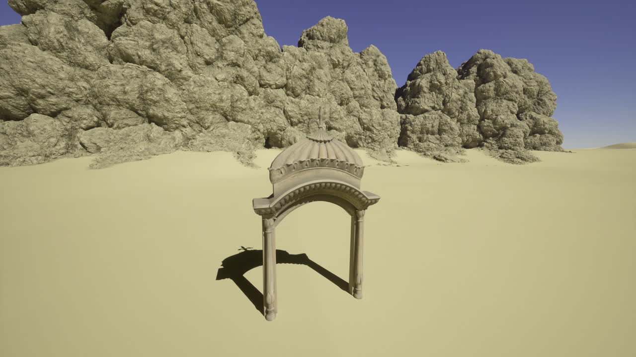 Ruined architectural arch stands alone in a sandy desert landscape