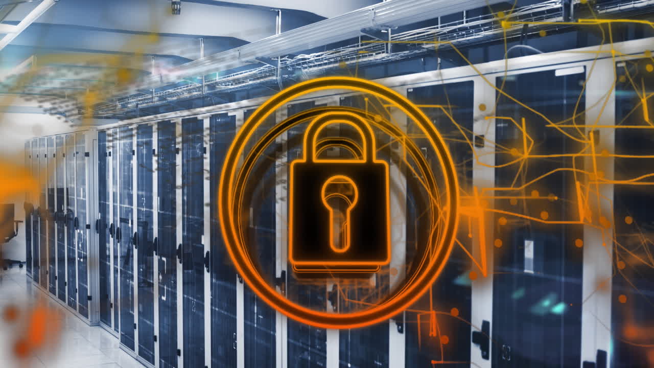 Animation of security padlock icon and light trails against computer server room