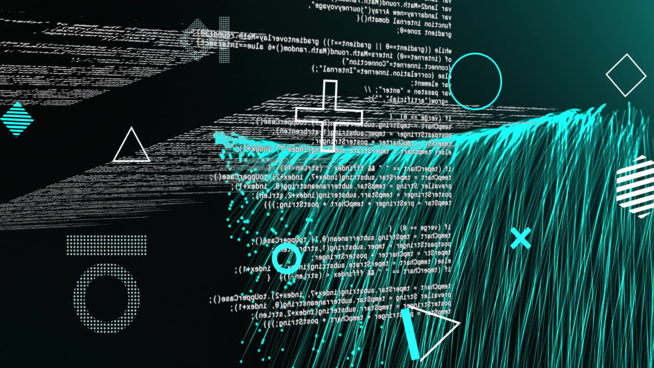 Animation of rotating shapes and glowing blue light trails over data processing on black background