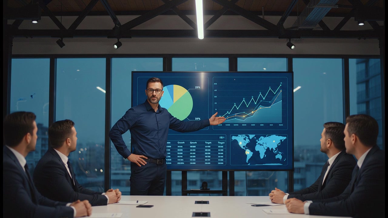 Corporate manager explaining business performance charts to executive team during modern boardroom presentation