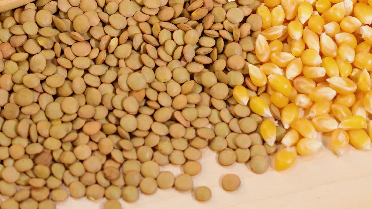 Close-up shots of various grains and breads under warm lighting, highlighting textures and colors in a kitchen setting