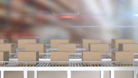 animation of stacked up cardboard boxes moving with glowing light trails in background