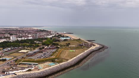 Southsea coast aerial view flying above the Solent and along Portsmouth waterfront beach coastline