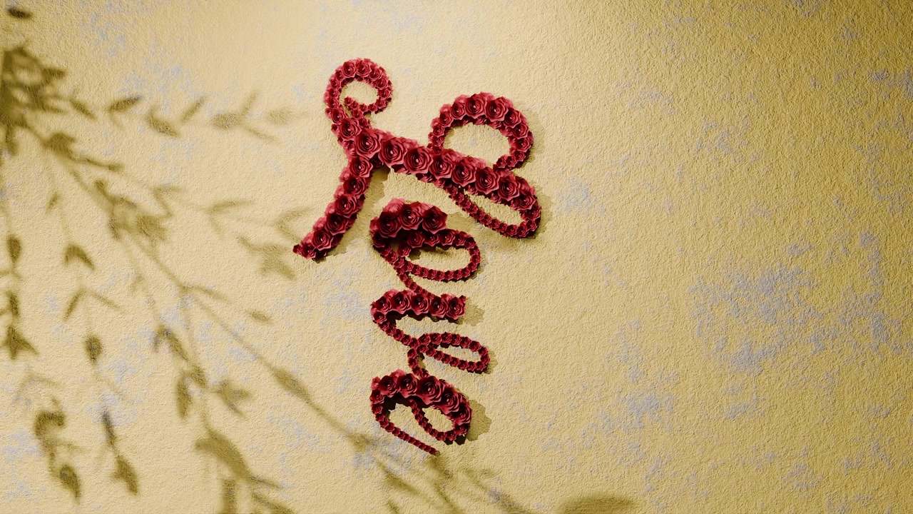 Scritta 'amore' fatta di rose rosse su una parete gialla strutturata con ombre di piante. Composizione floreale romantica per San Valentino e celebrazioni, verticale