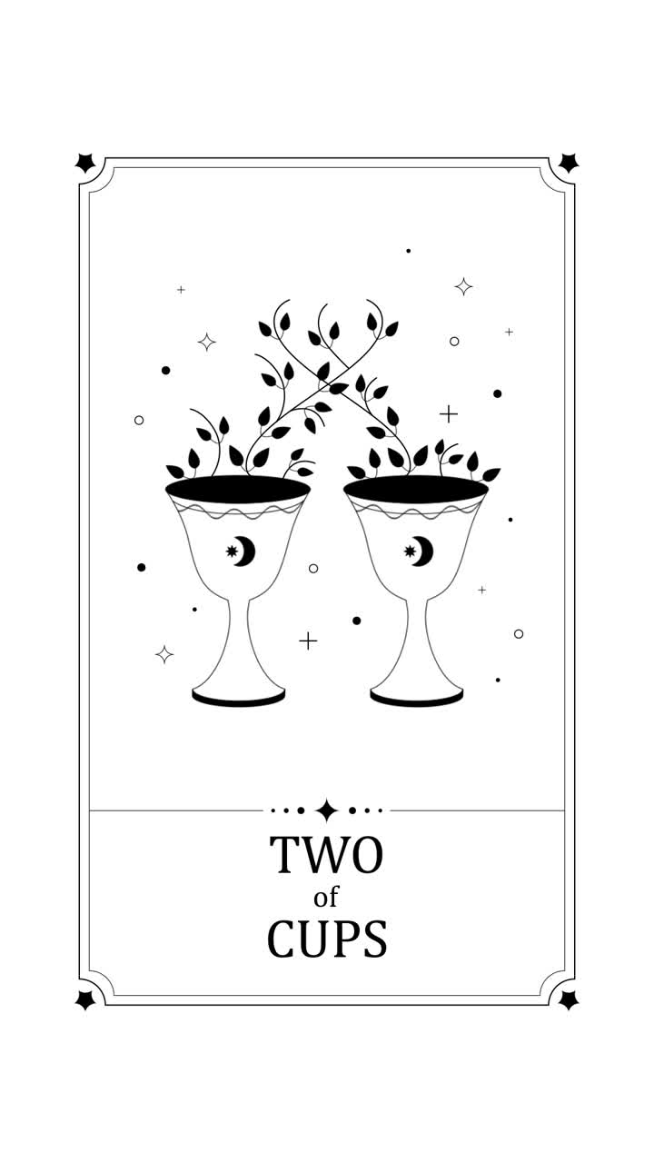 Illustrazione animata della carta dei Tarocchi Due di Coppe con viti rampicanti.