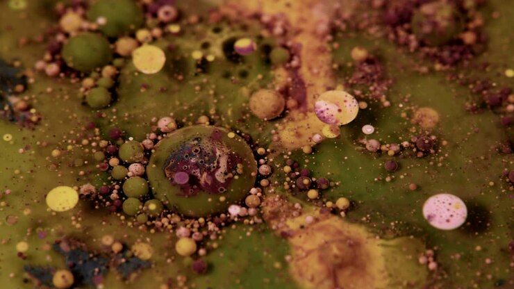 Bolle astratte e colorate di pittura acrilica e alimentare sull'acqua