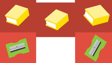 animation of red rectangles with green and yellow books moving on white background