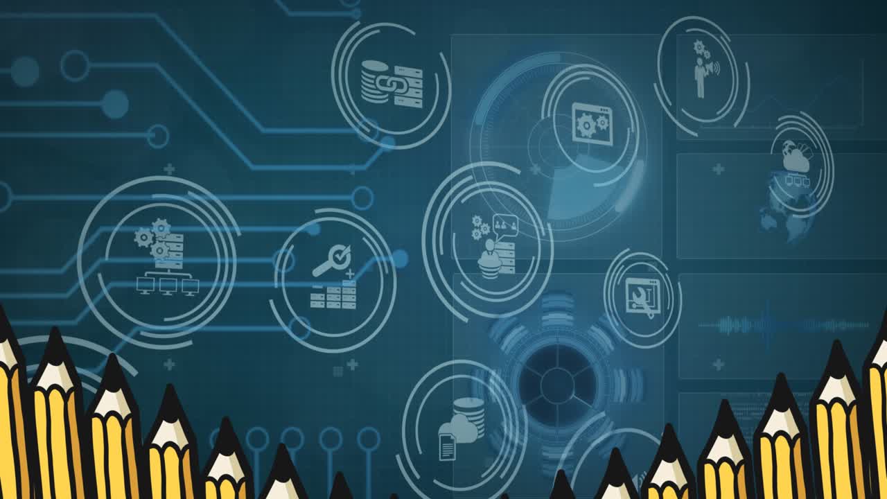 Animation of pencils moving over business icons connecting on blue motherboard