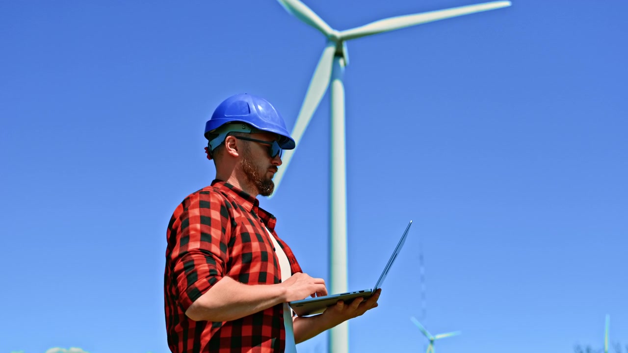 Windmill engineer checks data on laptop while observing wind turbine in clear sky at renewable energy site