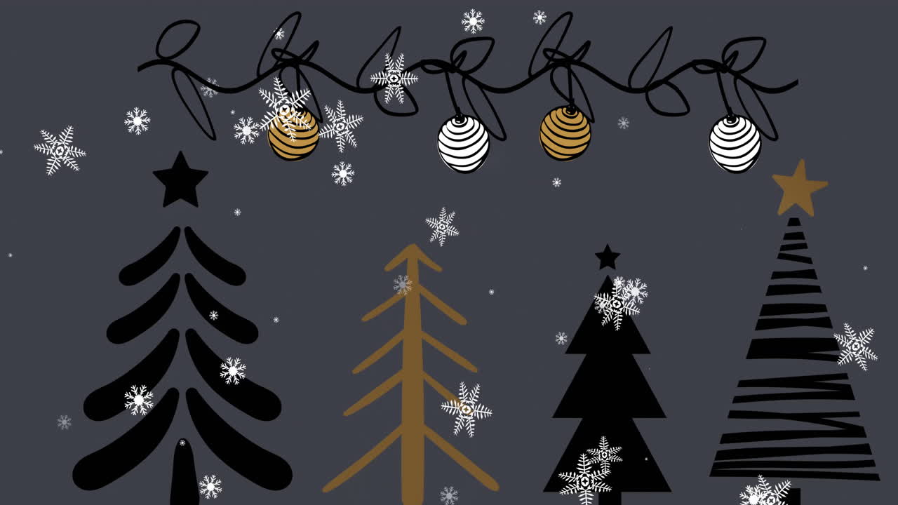 animación de nieve cayendo sobre decoraciones de navidad y paisajes de invierno