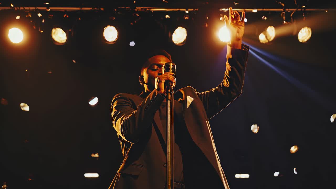 Low-angle shot of a singer on stage, spotlighted, capturing a dynamic performance