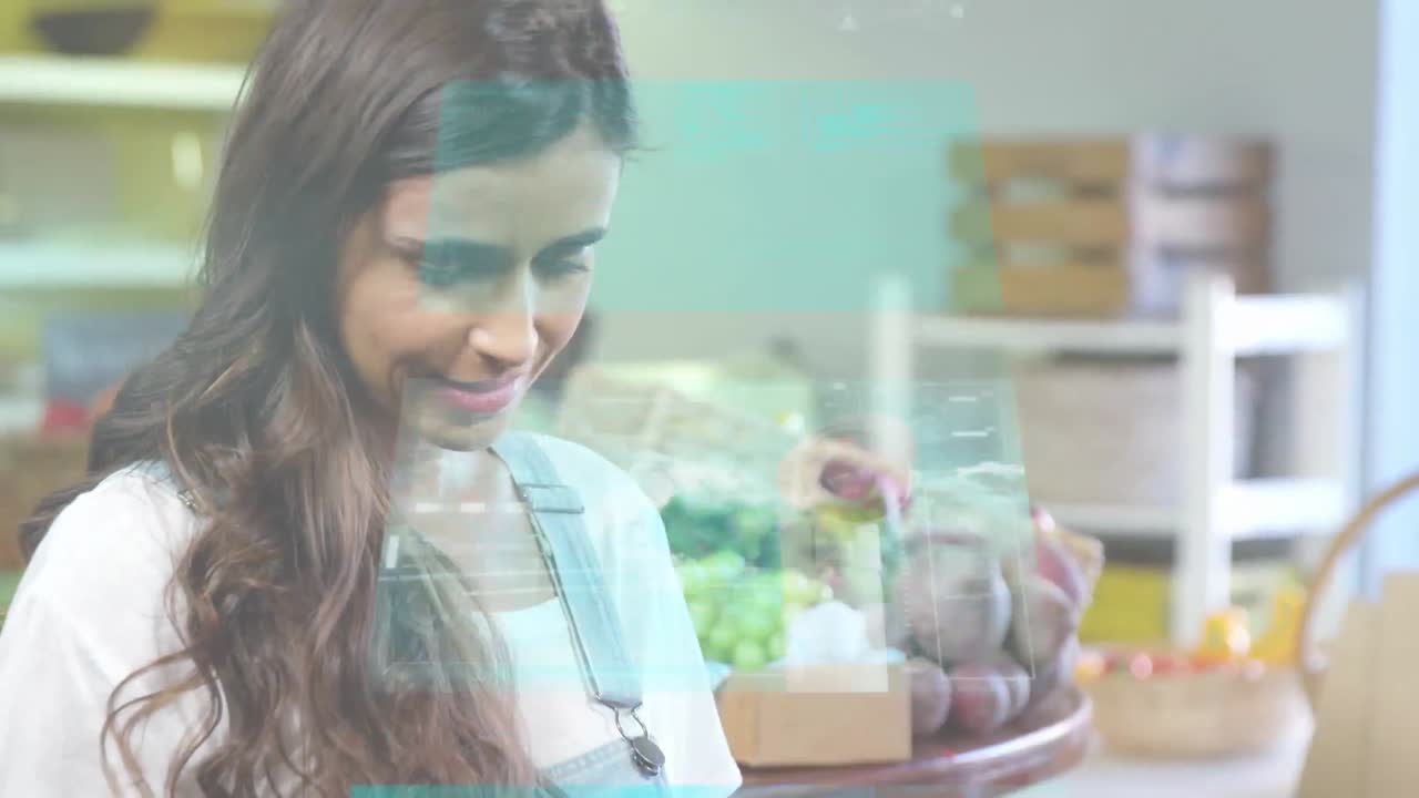 animación del procesamiento de datos financieros sobre una mujer caucásica usando una tableta