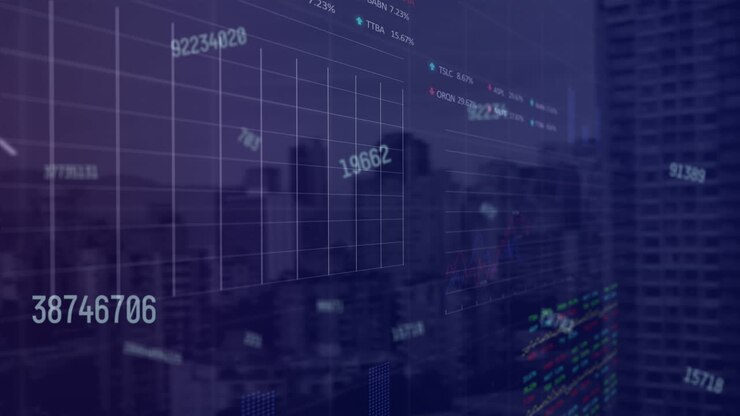 Animation of changing numbers, statistical and stock market data processing against cityscape