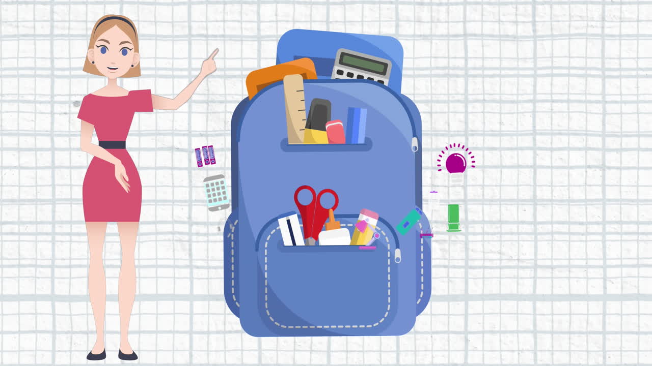 학교 가방 아이콘 위 에서 이야기 하는 여자 의 애니메이션