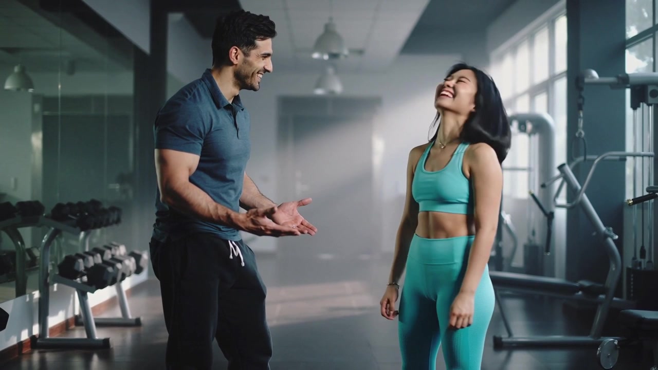 Coaching trainer polo gesturing toward trainee in turquoise sports bra near dumbbell rack, laughing
