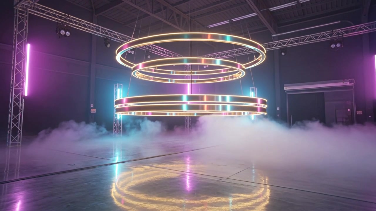Macchine del fumo e della nebbia riempiono il pavimento dello studio di produzione, esaltando anelli LED concentrici.